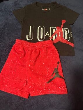 Jordan Red Speckled Boys' Athletic Shorts with black Jumpman Jordan Shirt